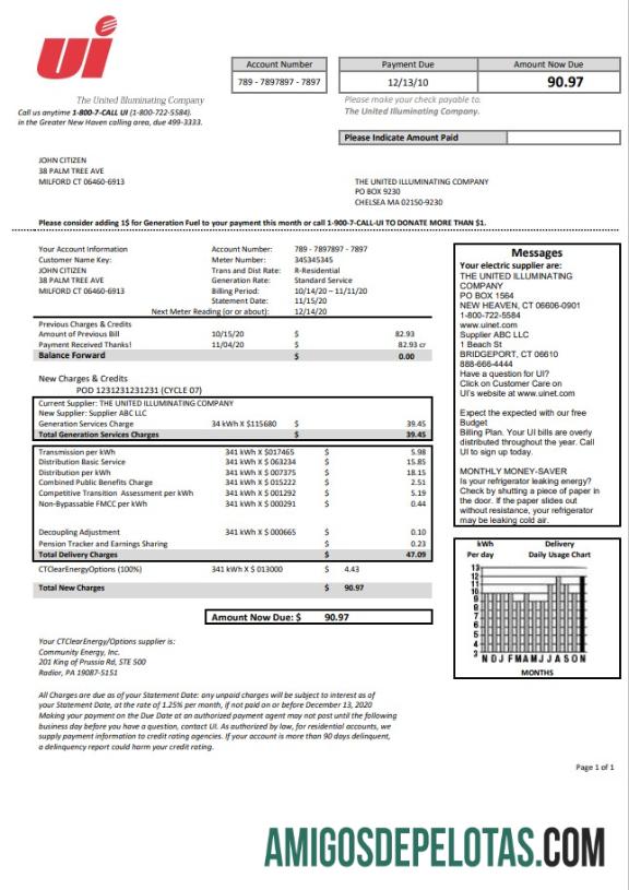 Para baixar modelo de conta de serviços públicos de eletricidade da United Illuminating Company, EUA, Connecticut, em formato Word e PDF